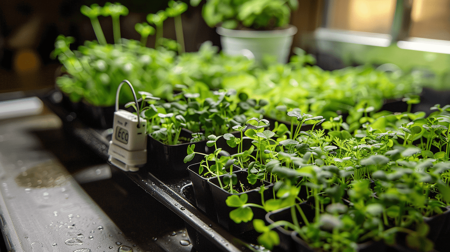 Tiny herb seedlings in 10" x 20" trays, with a bottom-watering tray underneath. Soil moisture meter nearby. Soft natural light illuminating vibrant green micro-herbs.