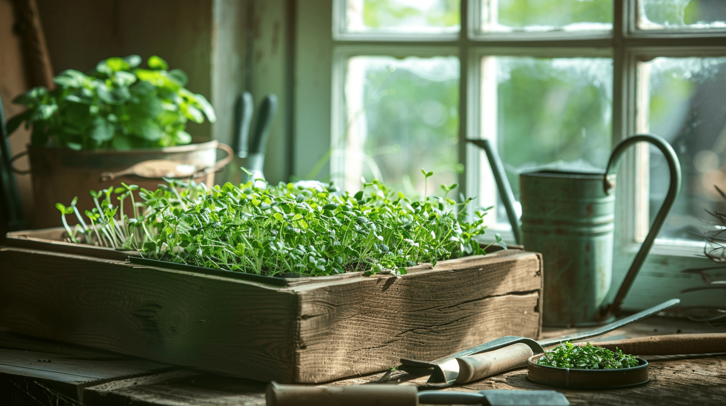 Close-up of tiny green micro herb sprouts in a rustic wooden box, with gardening tools and a watering can nearby, bathed in soft sunlight on a kitchen windowsill.