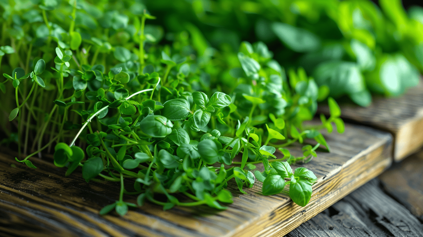 Close-up of vibrant green micro herbs on a wooden cutting board, including delicate micro basil, cilantro, and chives. Soft natural lighting highlights the fresh, tender leaves and stems.
