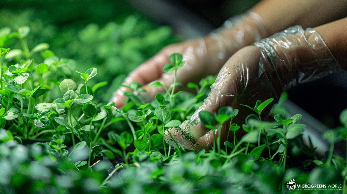 A lush indoor herb garden with vibrant micro herbs, showcasing various stages of growth; close-ups of hands wearing clear food safety gloves, gently harvesting the delicate leaves with a sharp harvesting knife, emphasizing the rich green hues and fine textures of the nutrient-dense plants.