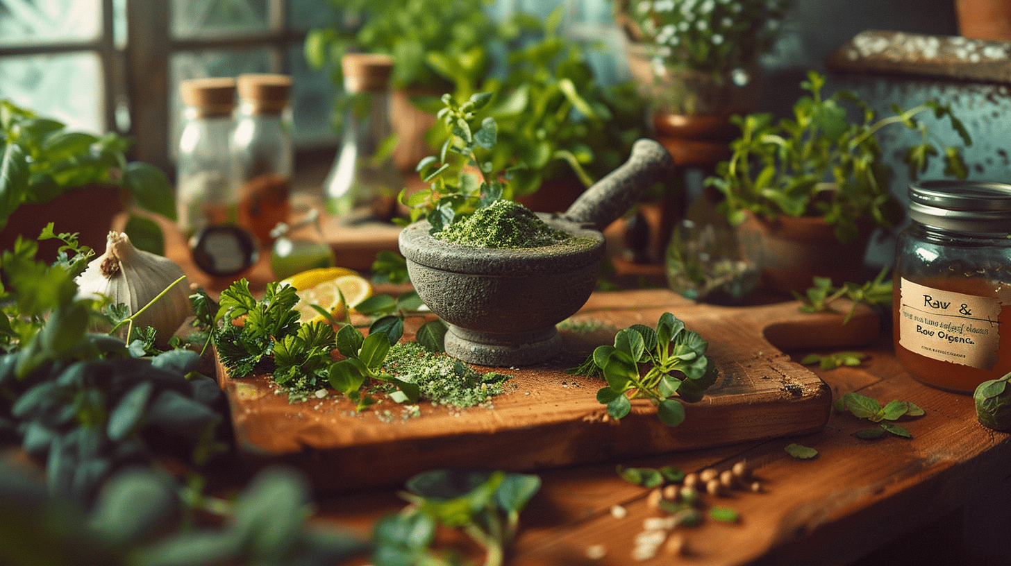a variety of nutrient-dense micro herbs like cilantro, basil, and parsley, displayed in small pots on a sunny windowsill. Include vibrant colors and fresh, green leaves to convey a sense of health and vitality for a blog post about increased immune function.
