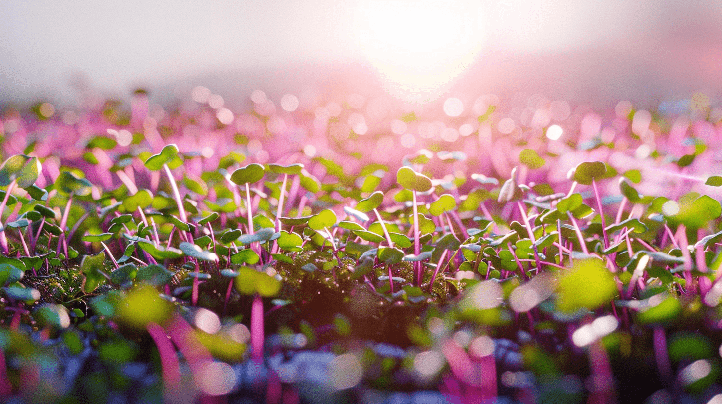 an image of a vibrant, nutrient-packed indoor microgreen garden with garlic micro herbs sprouting in lush, colorful patches, each glowing with health and vitality against a bright, clear sky.