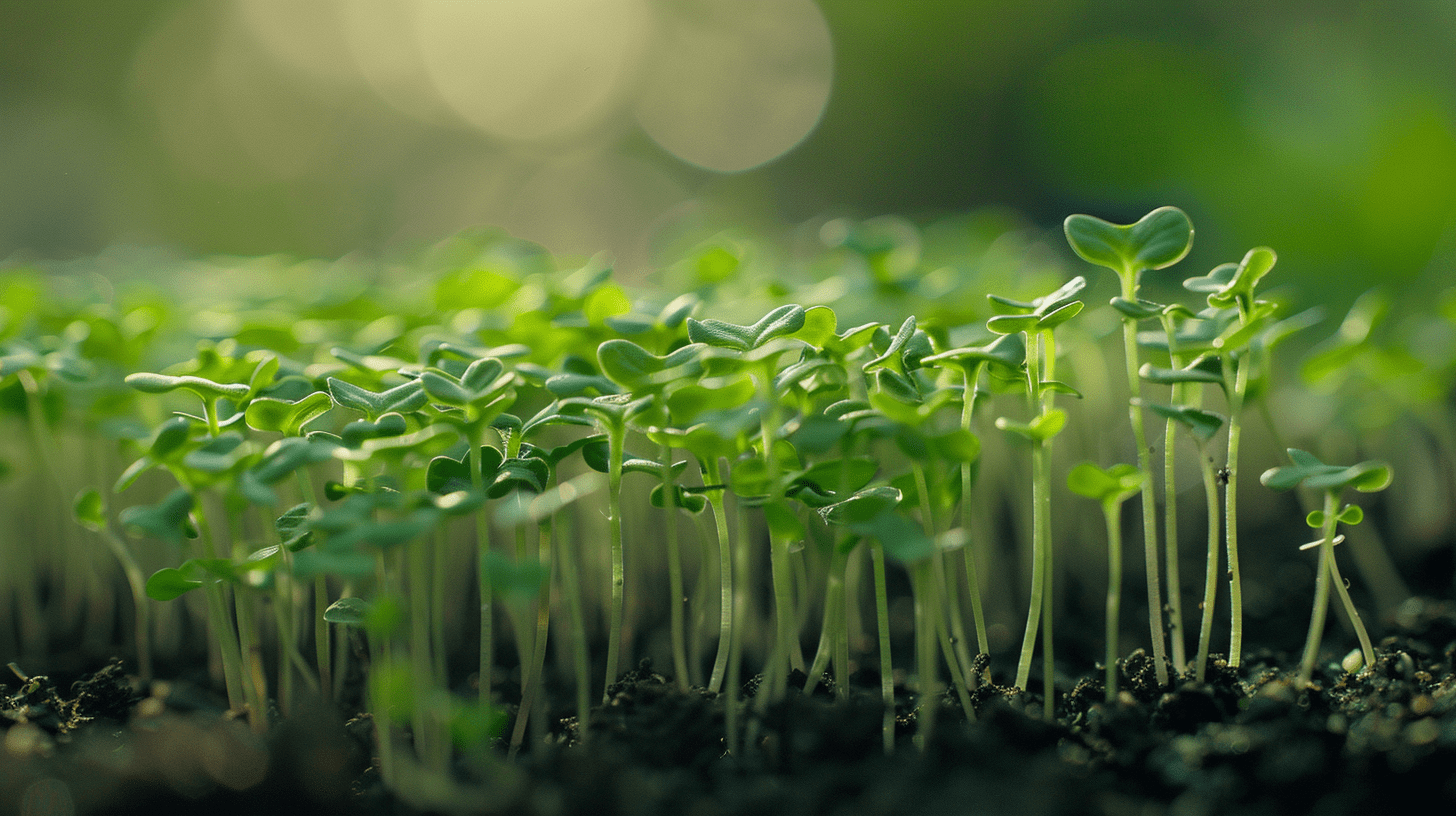 Close-up of vibrant, lacy hemp microgreens, Cannabis Sativa L., with delicate, serrated leaves and sturdy stems on a soil background