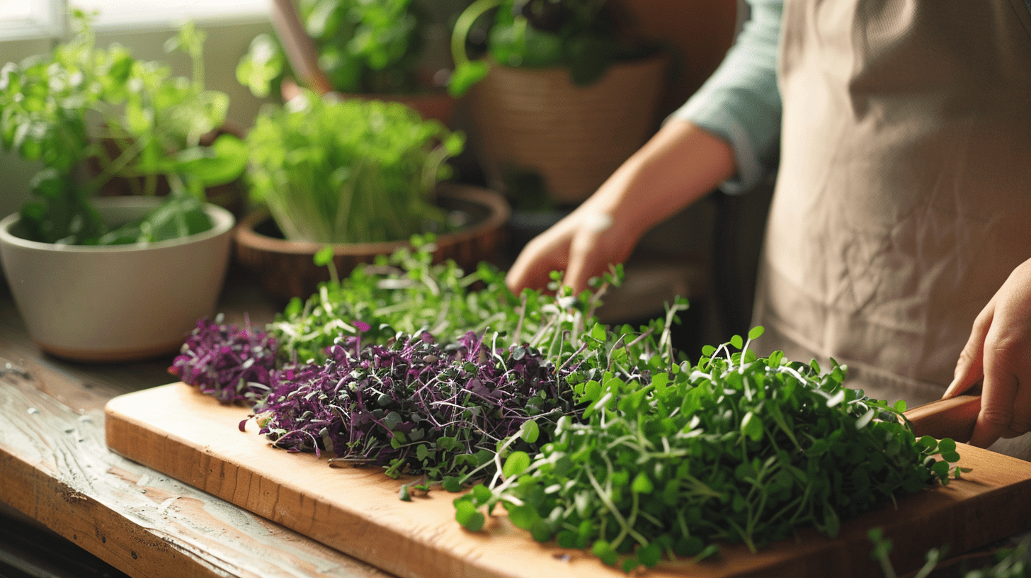 an image showcasing a variety of vibrant microherbs on a wooden cutting board, with a woman in the background holding a salad bowl, suggesting daily consumption in 35 mm film style.