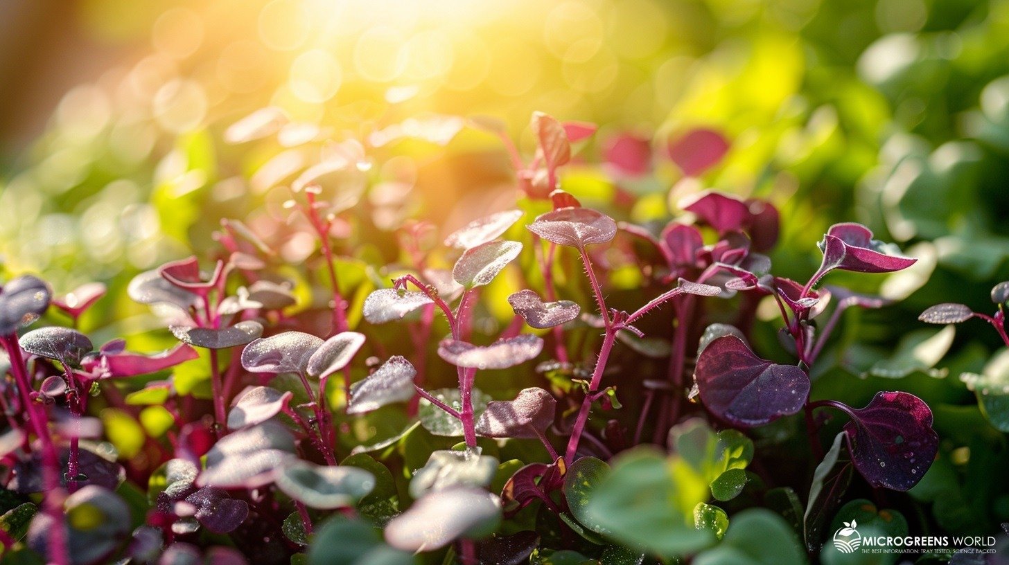 Close-up of vibrant microherbs like red amaranth, purple radish, and green pea shoots, showcasing their lush textures and colors, with a soft background of sunlight filtering through a garden setting.