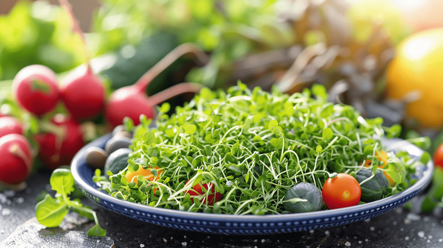 A vibrant plate of fresh, lush green watercress microgreens, surrounded by colorful fruits and vegetables, highlighting their nutrient density and health benefits, with a sunny, natural background to evoke freshness and vitality.