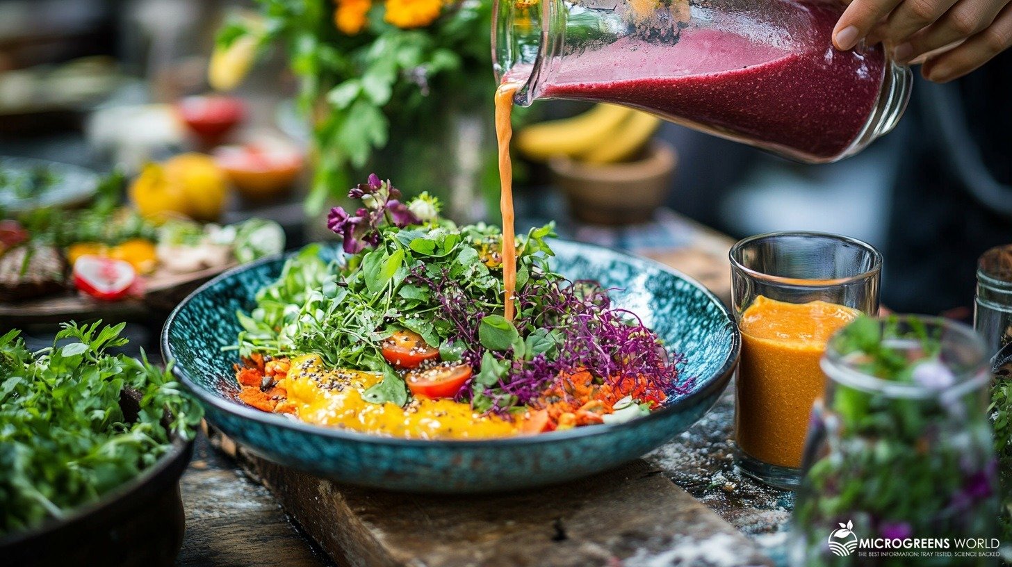 A colorful kitchen scene with a vibrant salad bowl filled with various microherbs, a smoothie being poured into a glass, and a gourmet dish garnished with fresh microherbs, all displayed on a rustic wooden table.