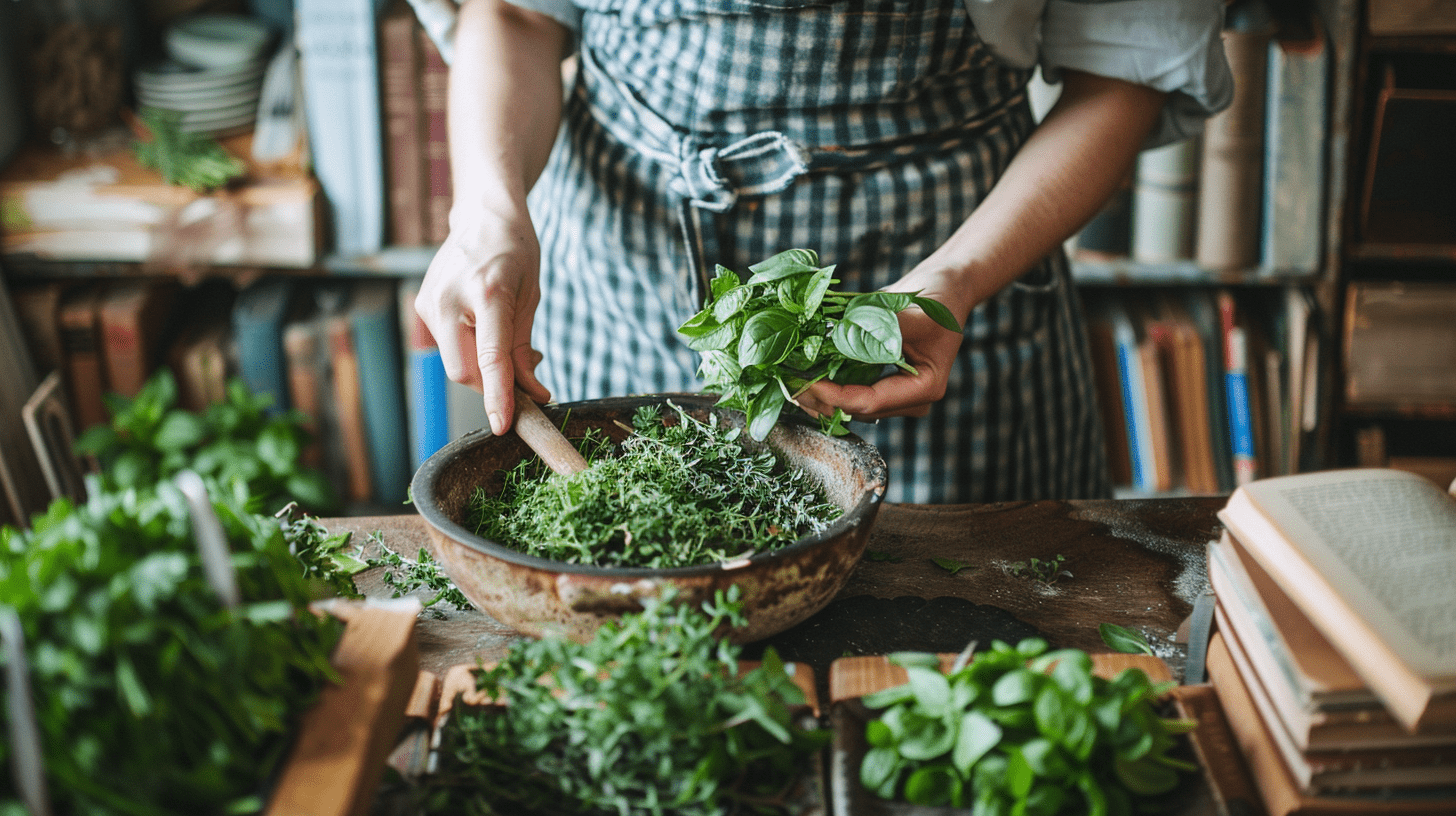 a variety of nutrient-dense micro herbs like basil, cilantro, and mint, along with a person preparing a fresh salad bowl surrounded by books and a focused expression.