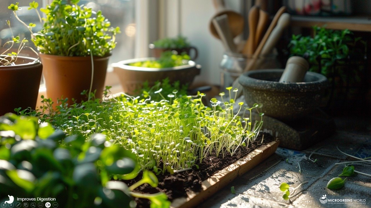 Vibrant microherbs sprouting from rich, dark soil in a sunlit kitchen windowsill, with fresh vegetables and a mortar and pestle nearby, evoking a sense of natural health and wellness.