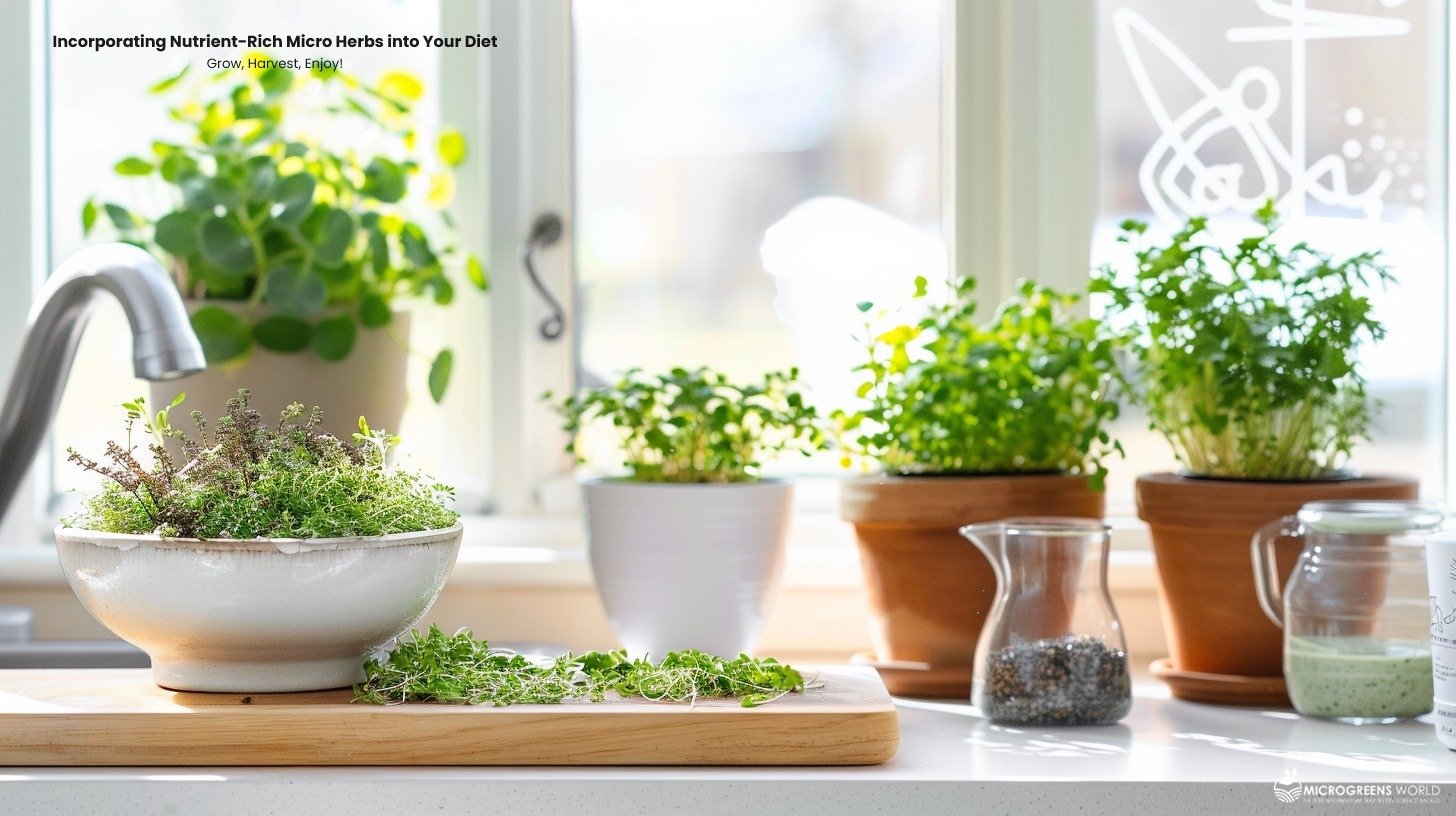 Envision a split-screen composition that showcases both the culinary use and home cultivation of micro herbs: 1. Left Side - Culinary Use: - A wooden cutting board occupies the foreground, placed on a light-colored countertop. - On the board, there's a vibrant salad in a white ceramic bowl, generously topped with various micro herbs: - Delicate thyme sprigs - Purple-tinged micro sage leaves - Tiny, golden flax sprouts - Deep green micro oregano - Next to the salad, a small glass jar filled with a variety of micro herbs, suggesting easy access for sprinkling. - In the background, slightly out of focus, a colorful smoothie in a glass, garnished with micro herbs. 2. Right Side - Home Cultivation: - A sunny kitchen windowsill with three small, terracotta pots in a row. - Each pot contains a different stage of micro herb growth: - First pot: Newly sprouted seeds with tiny green shoots just emerging from the soil. - Second pot: Young micro herbs about 1-2 inches tall, showing their first true leaves. - Third pot: Mature micro herbs ready for harvest, about 3-4 inches tall with fully developed leaves. - A small, handheld watering can and a pair of scissors are placed nearby, indicating easy care and harvesting. - A simple plant label in each pot identifies the herb variety. 3. Lighting and Atmosphere: - Bright, natural lighting from the right side, as if coming from the window, creating a fresh and inviting atmosphere. - Soft shadows that add depth and dimension to the scene. 5. Additional Details: - A faint, stylized molecular structure watermark in the background, hinting at the nutritional benefits of micro herbs. The overall effect should be a bright, inviting image that clearly illustrates both the ease of incorporating micro herbs into everyday meals and the simplicity of growing them at home. The image should inspire viewers to consider adding these nutrient-dense herbs to their diet and perhaps start their own micro herb garden