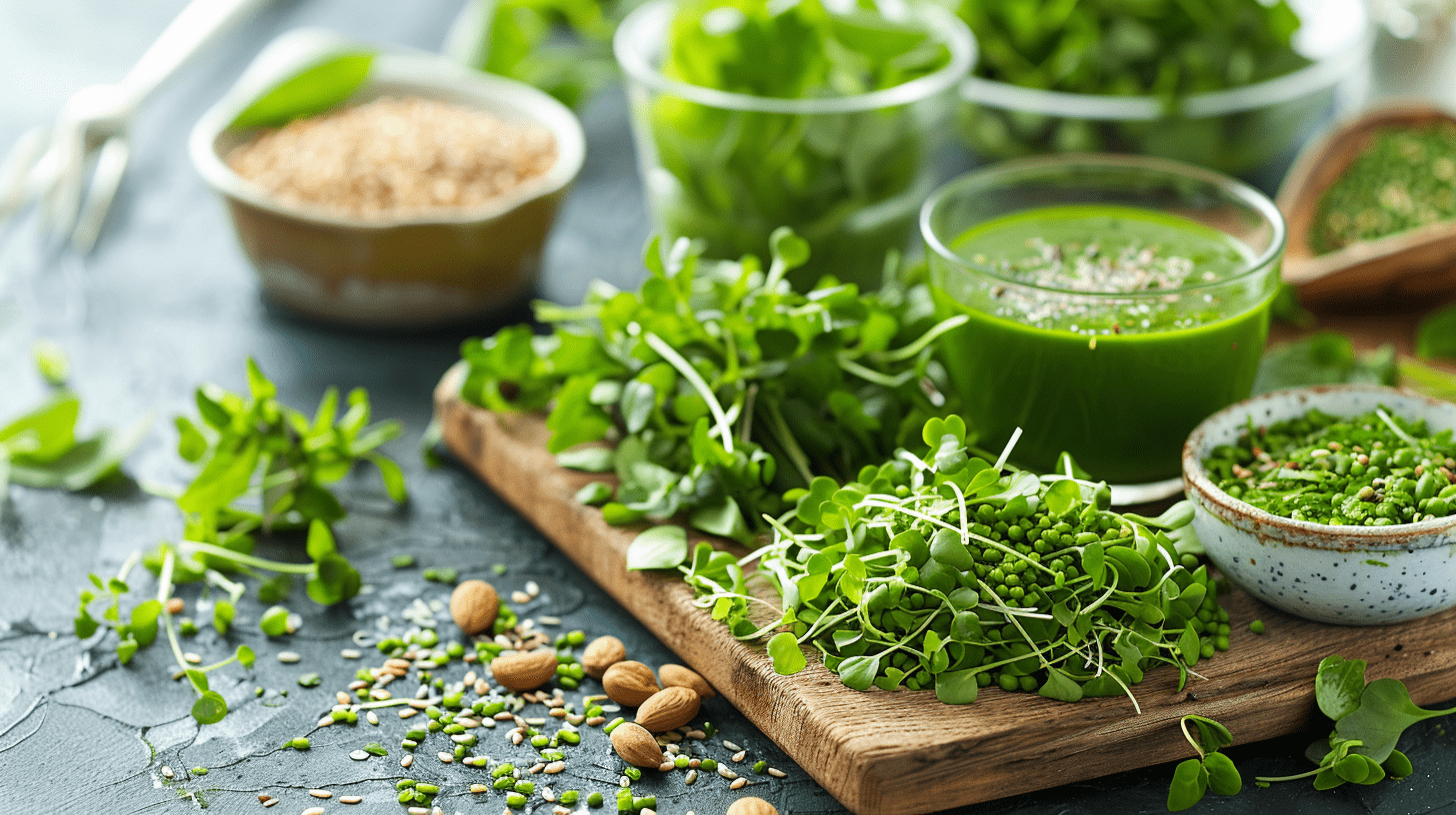 a vibrant assortment of nutrient-dense micro herbs like kale, watercress, and arugula, displayed on a wooden cutting board with a sprinkle of seeds, nuts, and a glass of fresh green juice. The focus should be on the vibrant colors and textures of the micro herbs to convey a sense of energy and vitality