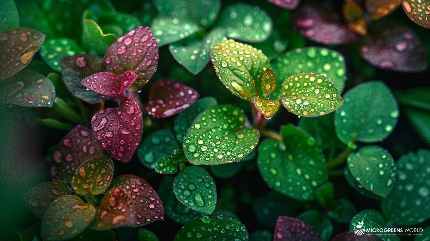 Close-up of vibrant microherbs with visible dew drops, showcasing a variety of colors and textures. Highlight the lush green leaves and intricate details, emphasizing freshness and nutrient density.
