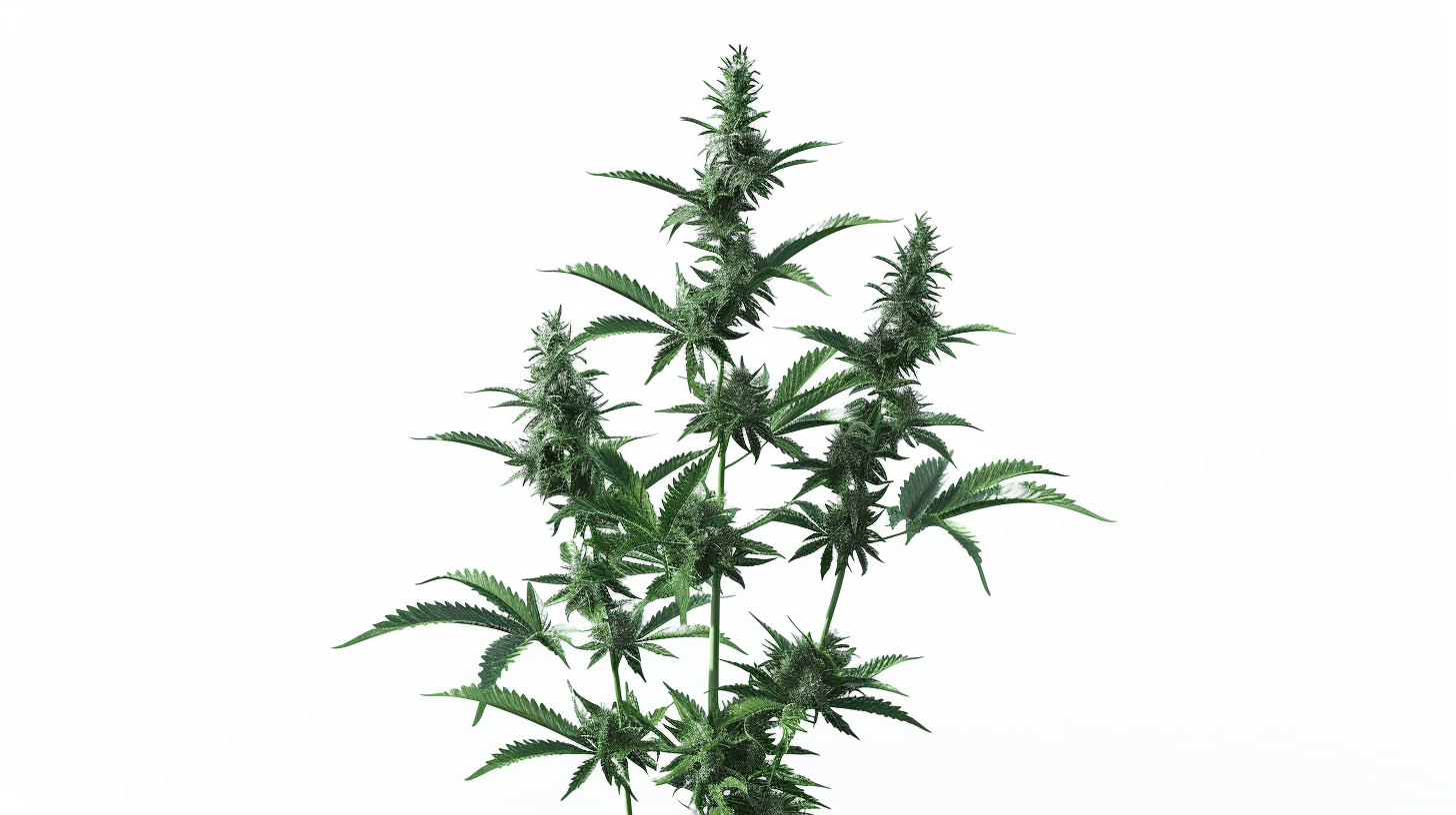 Illustration of a a single, mature Cannabis sativa L. plant, set against a clean white background, with detailed leaves and buds
