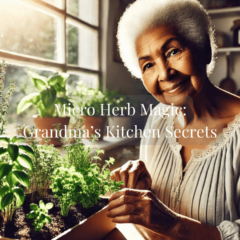 Elderly African American woman tends to a small, lush micro herb garden on her sunny windowsill