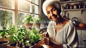 Elderly African American woman tends to a small, lush micro herb garden on her sunny windowsill