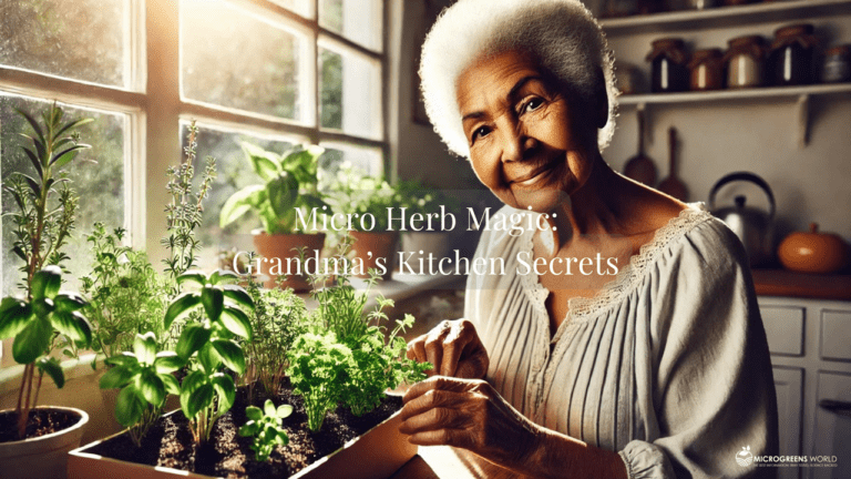 Elderly African American woman tends to a small, lush micro herb garden on her sunny windowsill