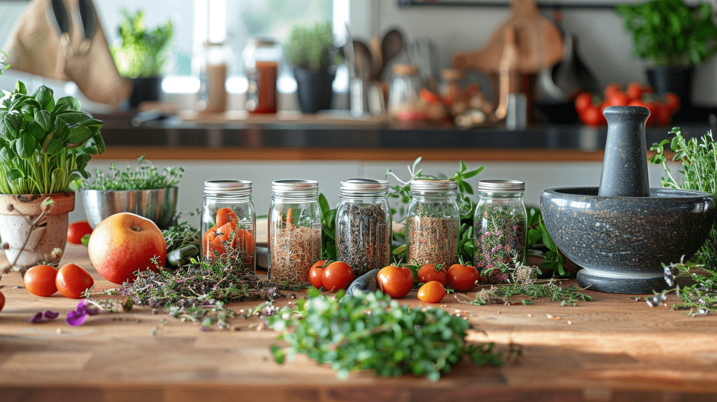 A vibrant kitchen counter adorned with an assortment of dried micro herbs in small glass jars, surrounded by fresh micro herbs, colorful fruits, and a mortar and pestle, emanating a sense of health and vitality.
