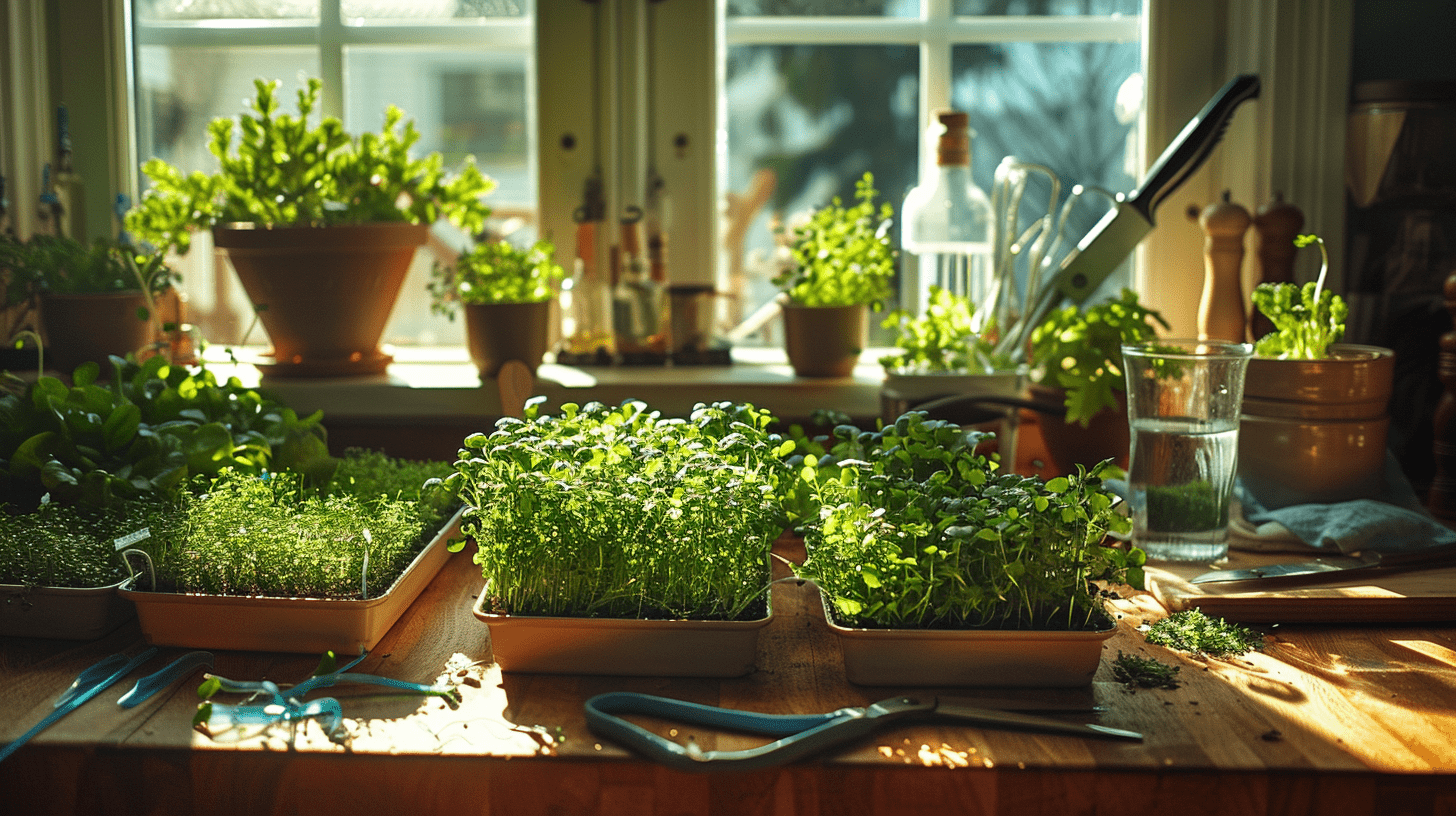 A vibrant kitchen windowsill filled with lush, green microherbs in small trays, bathed in sunlight, with a wooden countertop displaying freshly harvested microgreens, a pair of scissors, and a glass of water.