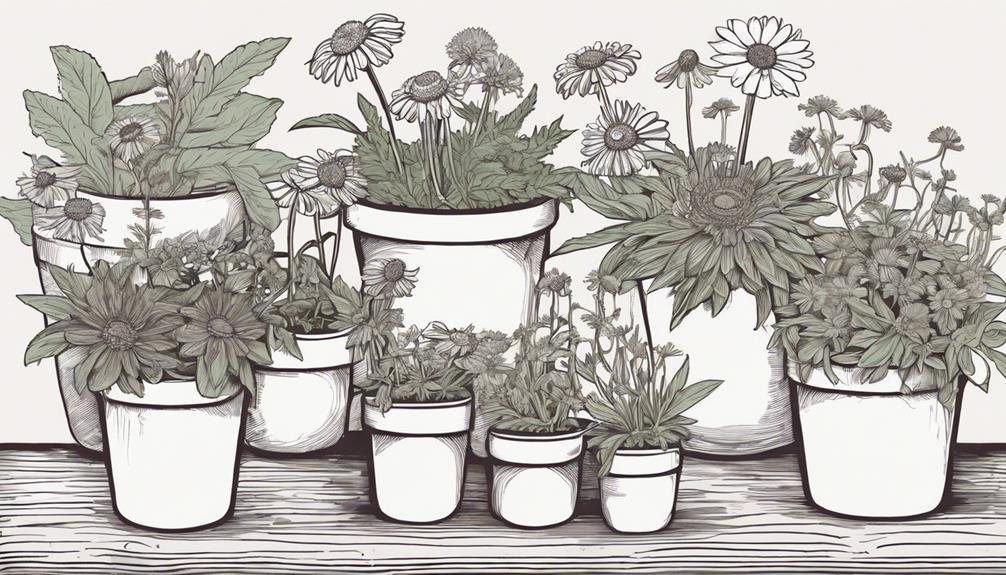 A variety of medicinal micro herbs, including chamomile, echinacea, and feverfew, with vibrant flowers and lush green leaves, arranged in small terracotta pots on a rustic wooden table.