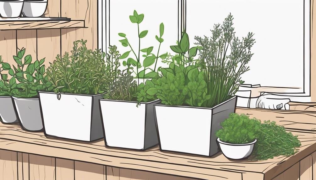 Close-up of assorted micro herbs in wooden planter boxes, vibrant green leaves, organic potting soil, natural sunlight filtering through, blurred kitchen tools and mortar and pestle in soft focus background
