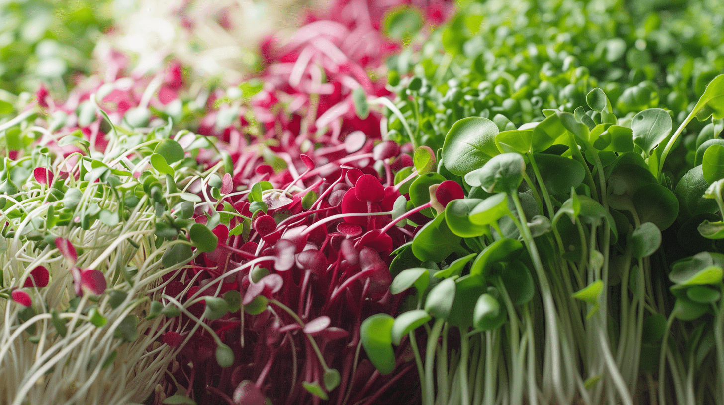 A vibrant variety of microgreens like sprouts, radish, beet, and sunflower, against the backdrop of a stylized immune system icon, in a fresh, natural setting in 35 mm film style.