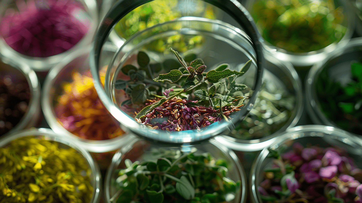 Image of various microherbs under a magnifying glass, with vibrant colors indicating different antioxidant levels using a 35 mm camera.
