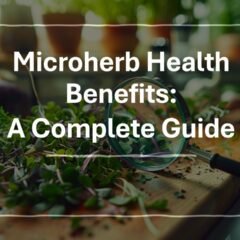 An assortment of vibrant microherbs on a cutting board, a magnifying glass inspecting a sprig, and a backdrop of a bright, health-conscious kitchen in 35 mm film style