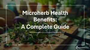 An assortment of vibrant microherbs on a cutting board, a magnifying glass inspecting a sprig, and a backdrop of a bright, health-conscious kitchen in 35 mm film style
