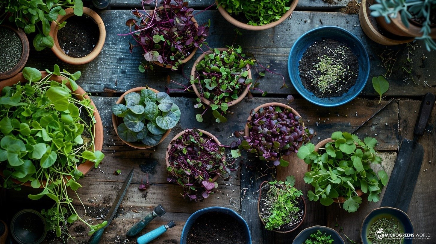 :A vibrant array of home-cultivated micro herbs displayed on a wooden table, showcasing the rich colors and textures of the leaves. The herbs are surrounded by small bowls of various seeds, soil, and gardening tools.