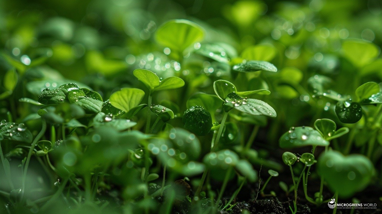 A vibrant display of home-cultivated micro herbs, showcasing their lush green leaves, tiny roots, and soil. Highlighted are droplets of water glistening on the surface, emphasizing the rich minerals they contain.