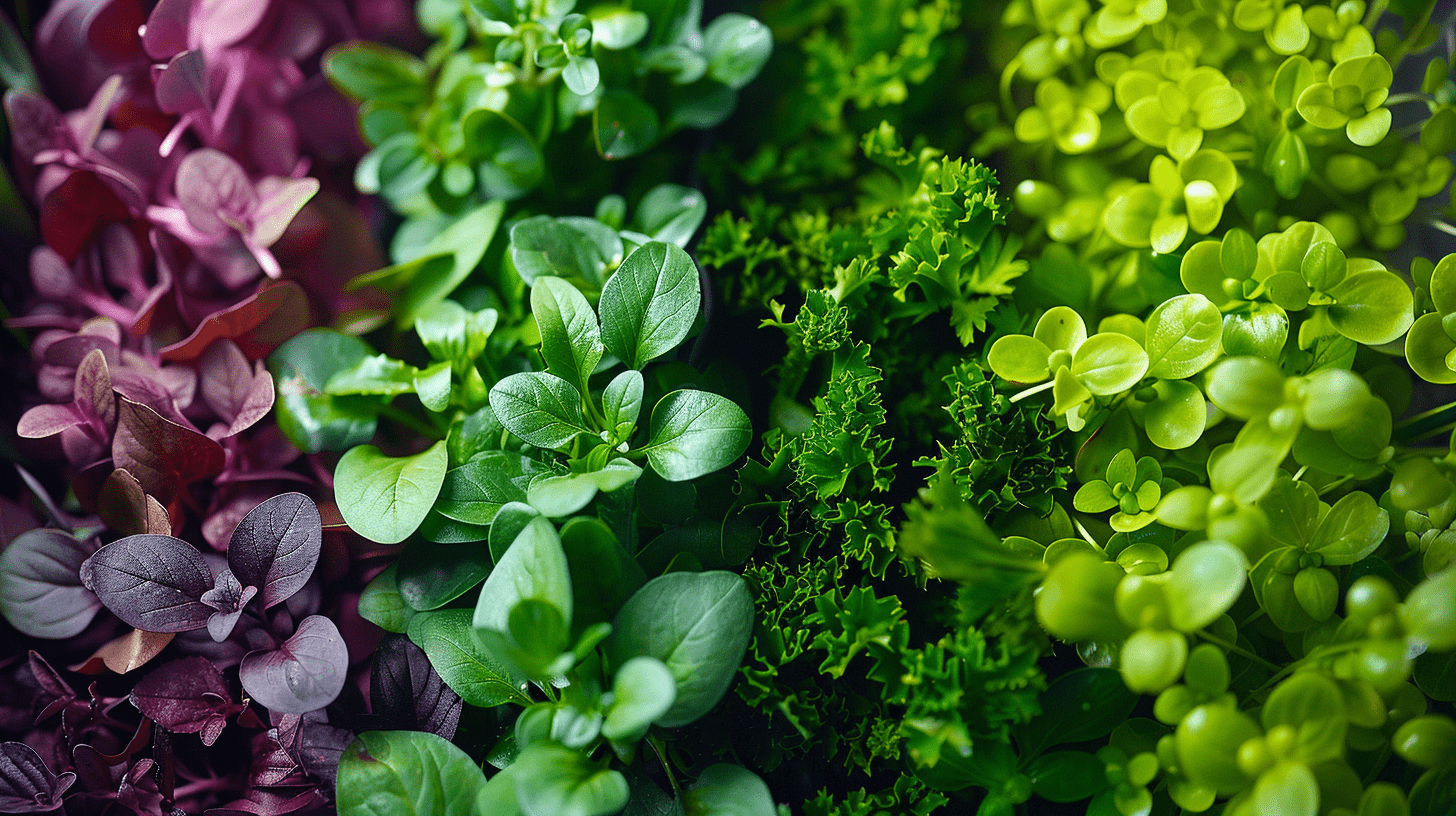 An image displaying a variety of vibrant, homegrown microherbs, each with a visible aura of different vitamins and minerals they contain with a 35 mm camera.
