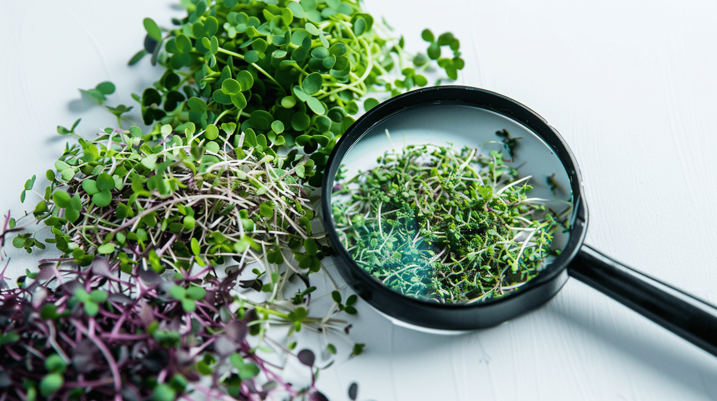 An image showing a variety of vibrant, freshly harvested microherbs arranged on a white background. A magnifying glass is focusing zooming in directly over one of the piles. Taken with a 35 mm camera.