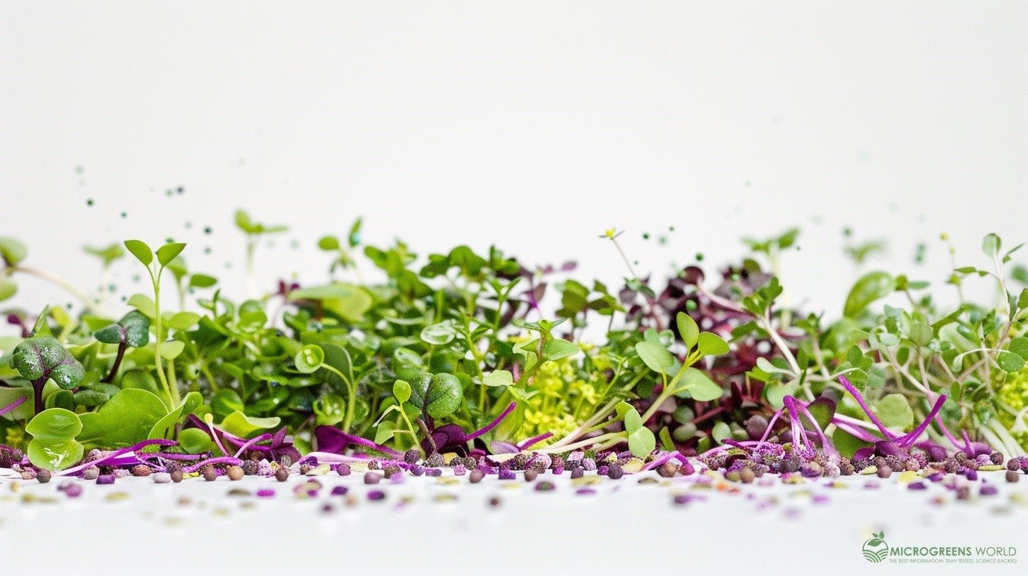 A vibrant assortment of micro herbs, showcasing their lush green and purple hues, sprinkled with colorful phytochemical molecules, set against a clean, white background to highlight their nutrient-rich and antioxidant-rich properties.
