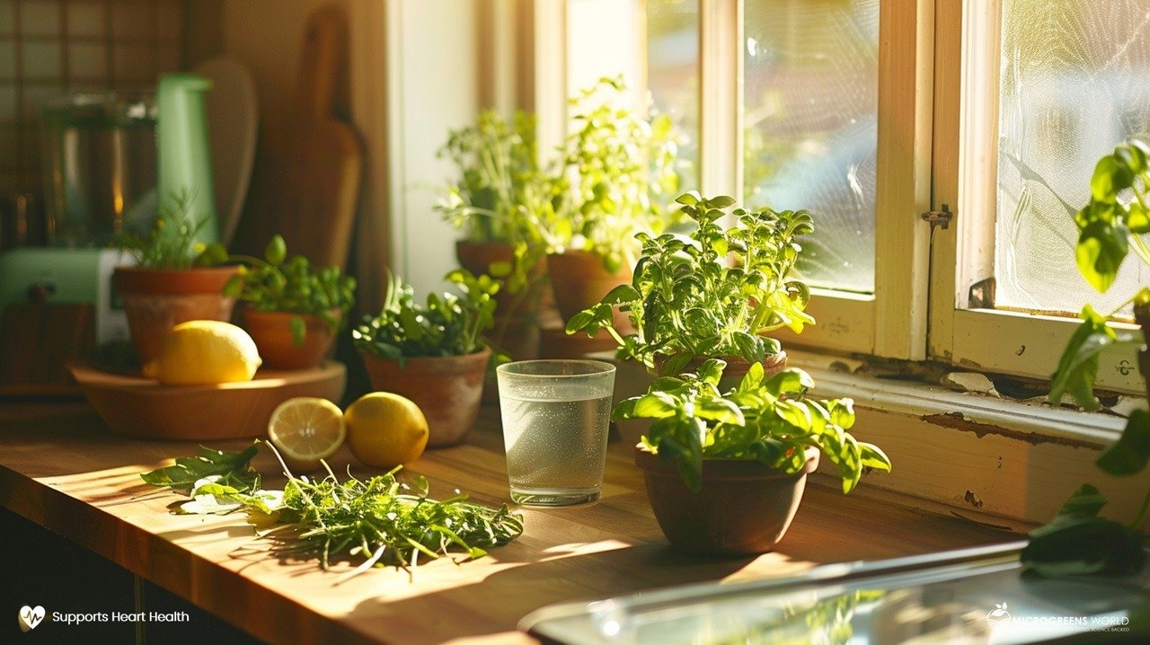 A vibrant kitchen windowsill with lush, green microherbs in small pots, sunlight streaming through the window, a wooden cutting board with fresh vegetables, and a glass of water with lemon slices nearby. Supports heart health.