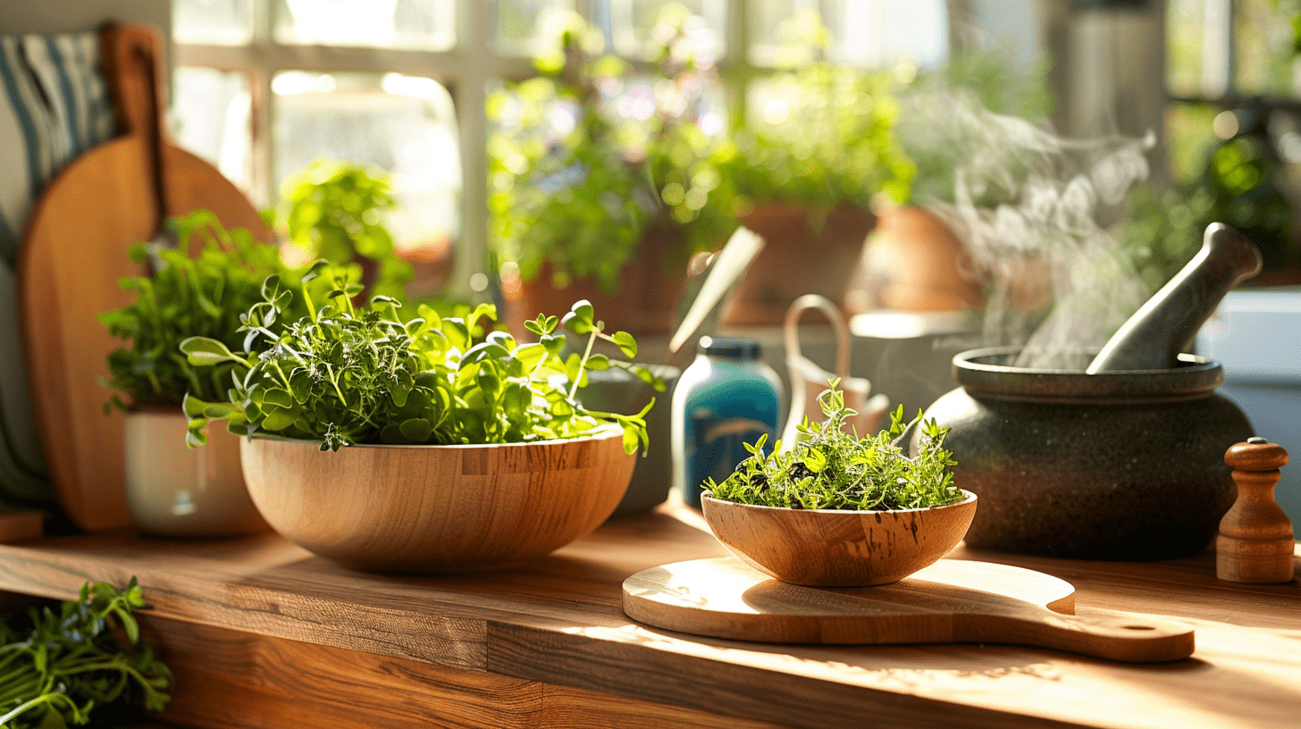 A vibrant kitchen scene with fresh micro herbs, colorful cutting boards, a wooden bowl with a mixed herb salad, a small mortar and pestle, and a steaming pot with herb-infused broth, all bathed in warm natural light.