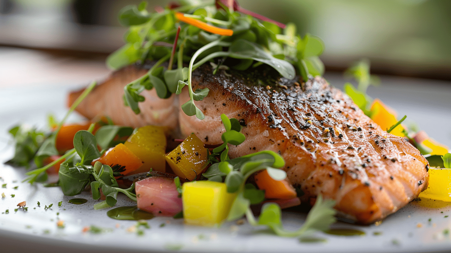 A plate of seared salmon served with a rainbow vegetable medley and garnished with watercress microgreens. The salmon is perfectly cooked.