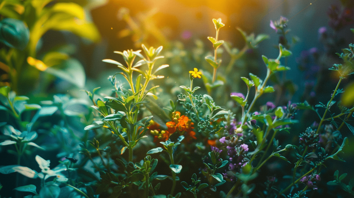 A vibrant image showcasing a variety of fresh, colorful micro herbs like turmeric, echinacea, parsley, thyme, and garlic, surrounded by glowing, ethereal light to emphasize their immune-boosting properties and natural vitality.