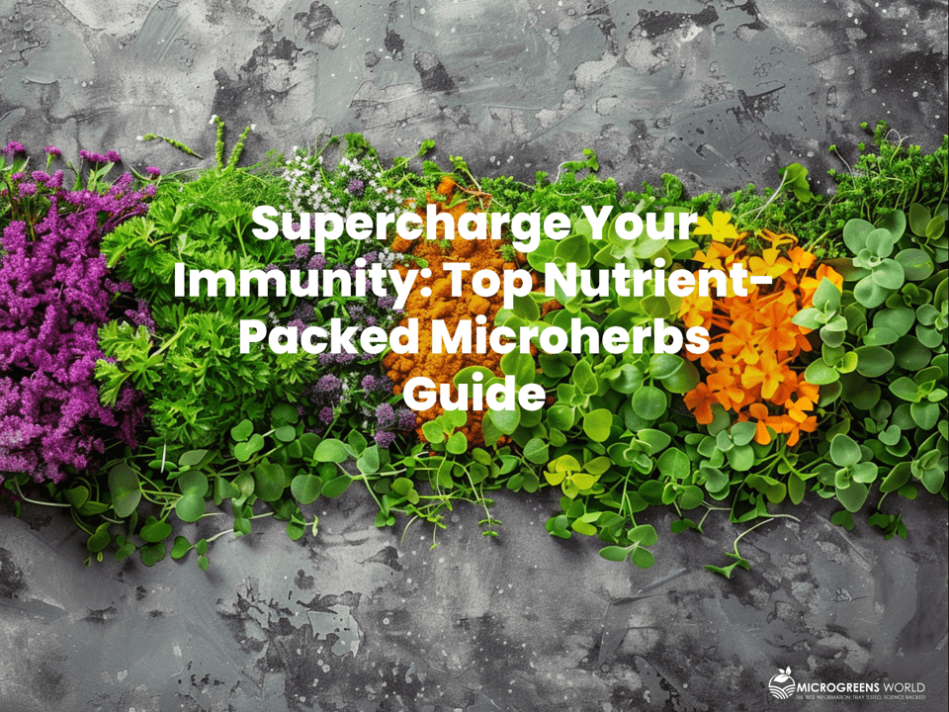 a vibrant image showcasing various micro herbs like turmeric, echinacea, parsley, thyme, ginger, astragalus, and garlic. Arrange them artfully, highlighting their colors and textures, with a subtle background hinting at their health benefits.