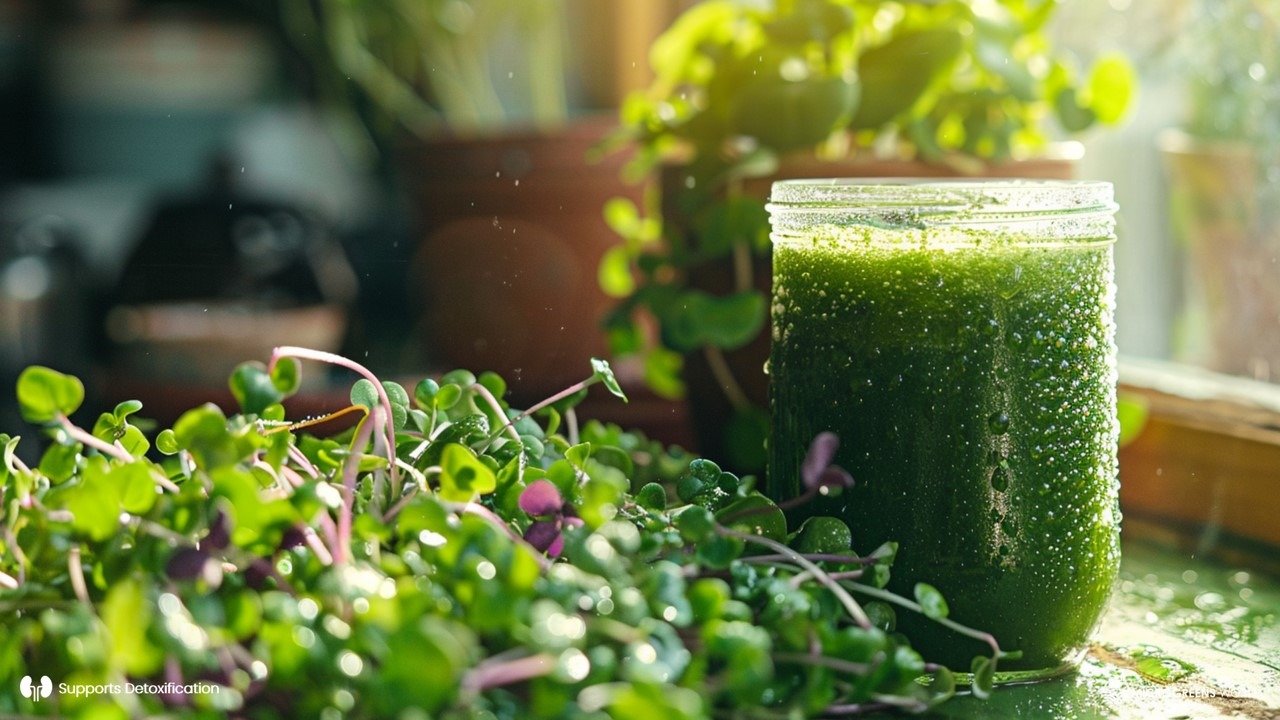 A lush, close-up shot of vibrant, freshly harvested microherbs with dewdrops, showcasing their vivid greens and purples, beside a glass jar of green detox smoothie, sunlight streaming through a kitchen window.