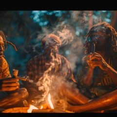 A group of Rastafarian men sitting around a campfire smoking marijuana from a chillum pipe.
