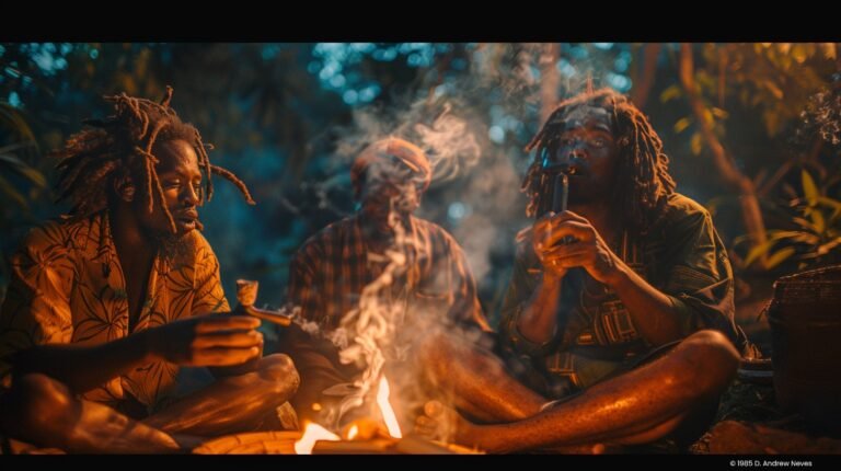 A group of Rastafarian men sitting around a campfire smoking marijuana from a chillum pipe.