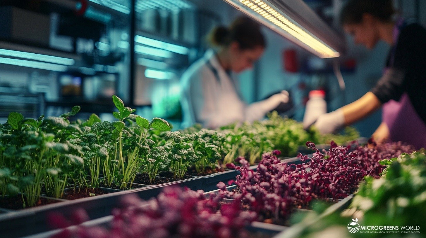 A vibrant, futuristic greenhouse filled with diverse, colorful microherbs thriving under advanced LED lighting, with scientists analyzing nutrient-rich samples and high-tech equipment in the background, showcasing innovation and progress in nutrition.