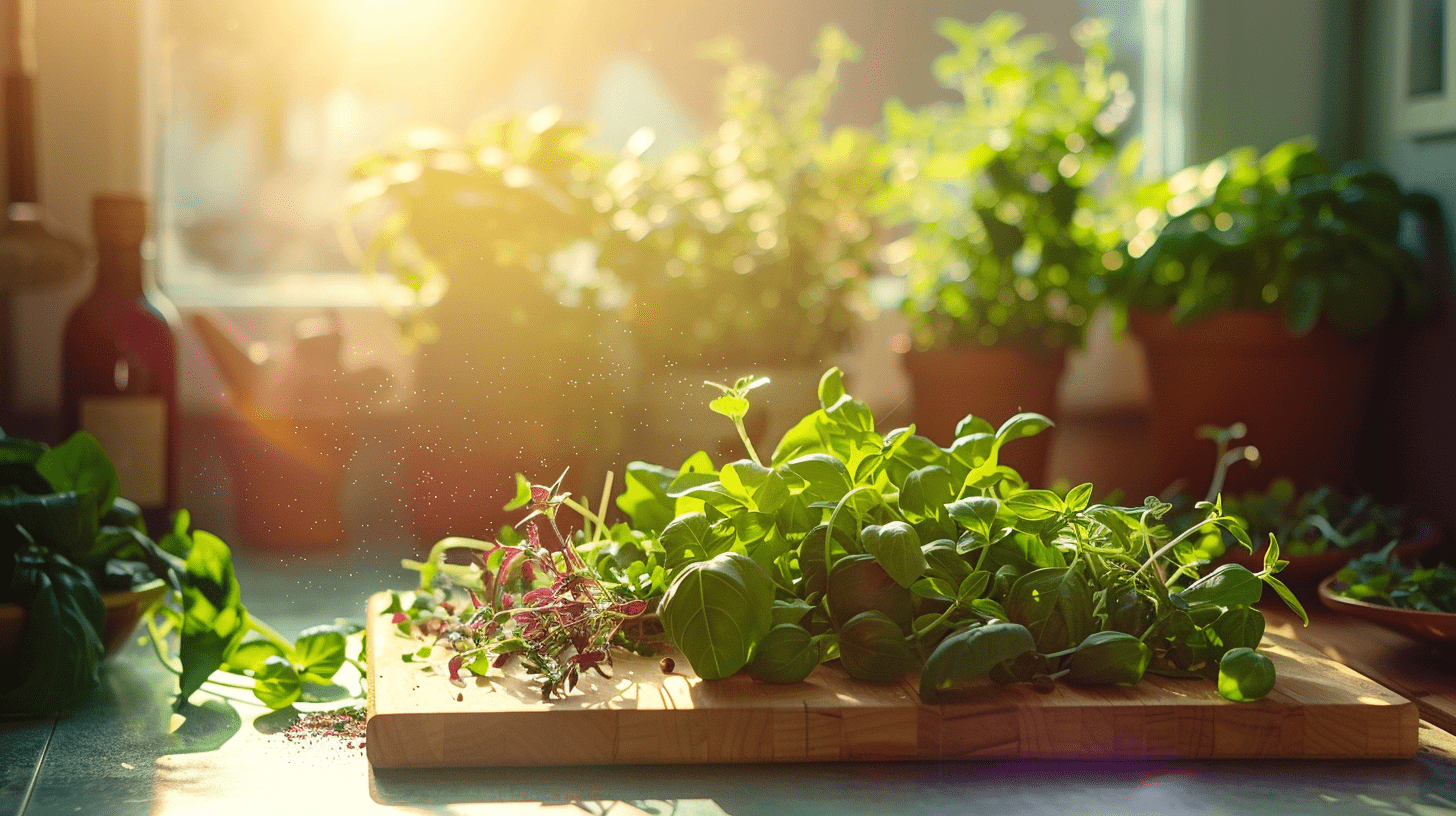 A vibrant kitchen scene with a wooden cutting board covered in fresh, colorful microherbs like basil, cilantro, and arugula. Sunlight pours through the window, highlighting the lush green leaves and tiny, delicate stems.