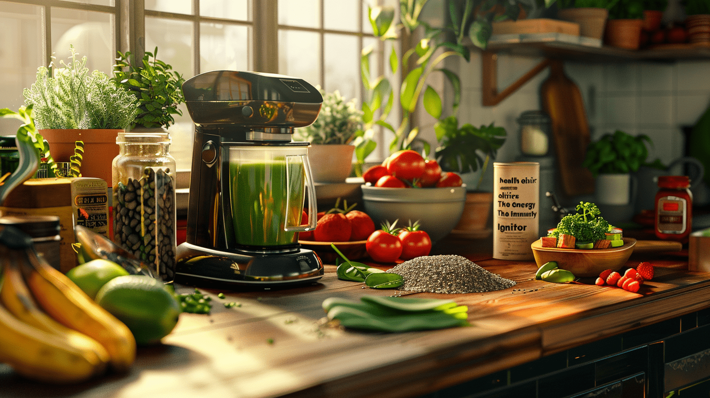 a vibrant, sunlit kitchen counter with three distinct sections, each representing one of the "health elixirs" mentioned in the passage.
