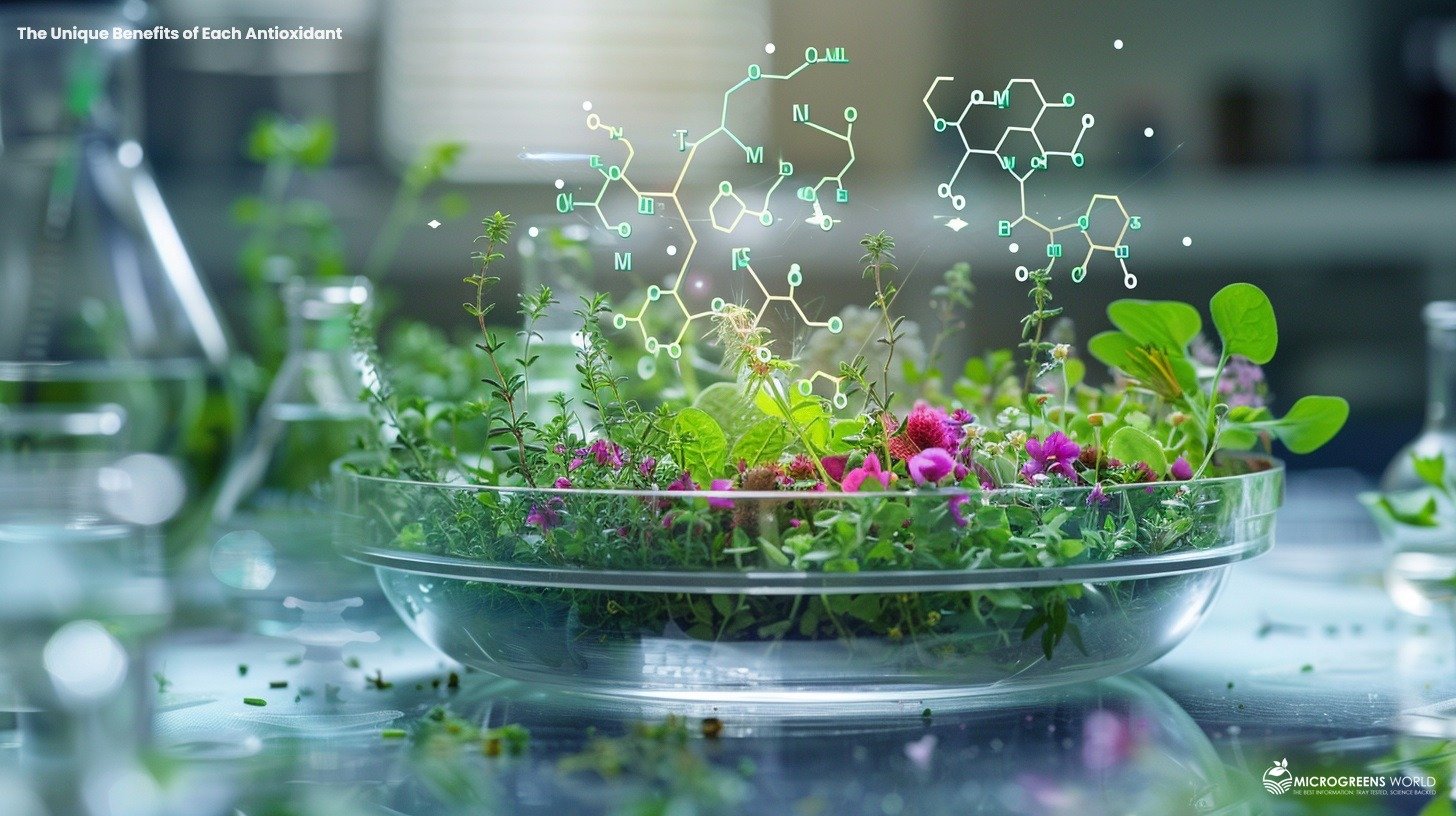 Envision a vibrant, scientific yet artistic composition that showcases the world of antioxidants in micro herbs: Background: A soft-focus laboratory setting with hints of beakers and microscopes, creating a scientific ambiance. Foreground: A large, clear petri dish takes center stage, filled with an assortment of colorful micro herbs: Deep green thyme sprigs Purple-tinged sage leaves Bright green rosemary needles Delicate chamomile flowers Reddish oregano leaves Pale green watercress sprouts Golden flax sprouts Molecular Structures: Floating above the herbs, as if emerging from them, are stylized molecular structures representing different antioxidants: A simple ring structure for thymol A more complex structure for carnosic acid A series of connected rings for rosmarinic acid A long chain with rings at the end for beta-carotene A structure with multiple rings for apigenin A phenol ring structure for carvacrol A lignan structure with two phenol rings Visual Effects: Subtle, glowing auras around each herb and molecule, color-coded to match: Red aura around thyme and thymol (antibacterial) Blue aura around sage and carnosic acid (neurological health) Green aura around rosemary and rosmarinic acid (anti-inflammatory) Orange aura around watercress and beta-carotene (eye health) Yellow aura around chamomile and apigenin (anti-cancer) Purple aura around oregano and carvacrol (antifungal) Pink aura around flax and lignans (heart health); Lighting: Soft, diffused lighting that makes the herbs and molecular structures appear to glow slightly, emphasizing their importance and benefits. The overall effect should be a visually striking, scientifically accurate, yet artistically composed image that immediately conveys the connection between micro herbs and their powerful antioxidant properties