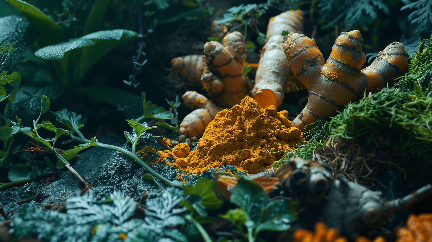 a vibrant and detailed image featuring fresh turmeric roots, turmeric powder, and turmeric tea, surrounded by lush greenery and other micro herbs like parsley, thyme, and garlic, symbolizing their immune-boosting properties.