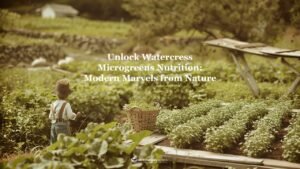 a small family farm from the 1960s, with a sepia-toned overlay to evoke a sense of the past. A small boy, dressed in vintage farm attire, runs joyfully through the fields.