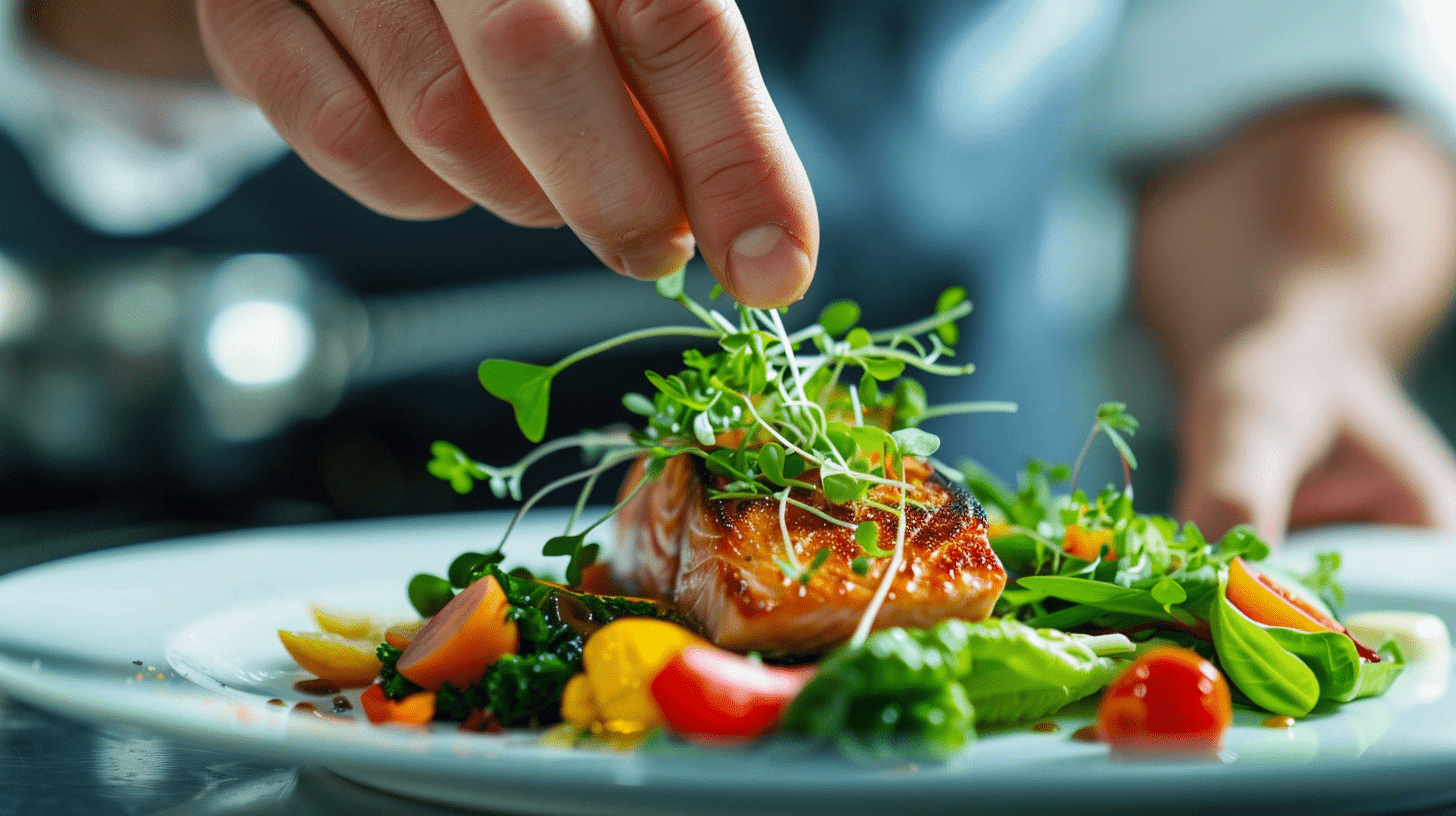 A vibrant close-up of a chef's hand delicately placing fresh, green watercress microgreens on a gourmet dish, with colorful vegetables and a perfectly seared piece of salmon, highlighting their culinary versatility and nutritious appeal.