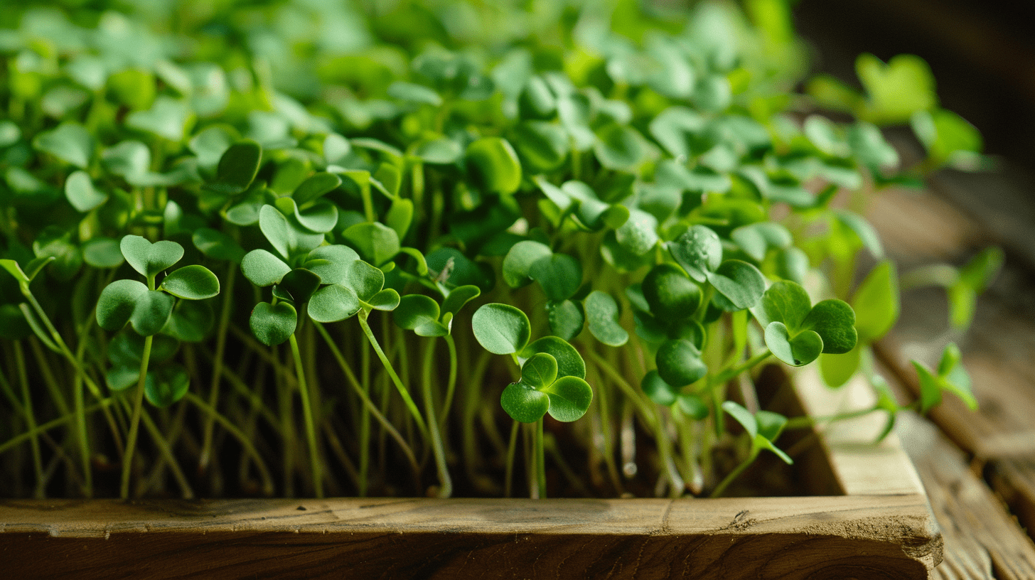 Close-up of vibrant, lush green watercress microgreens with delicate leaves and thin stems, arranged on a wooden table with soft, natural lighting highlighting their fresh, crisp texture and nutrient-rich appearance.