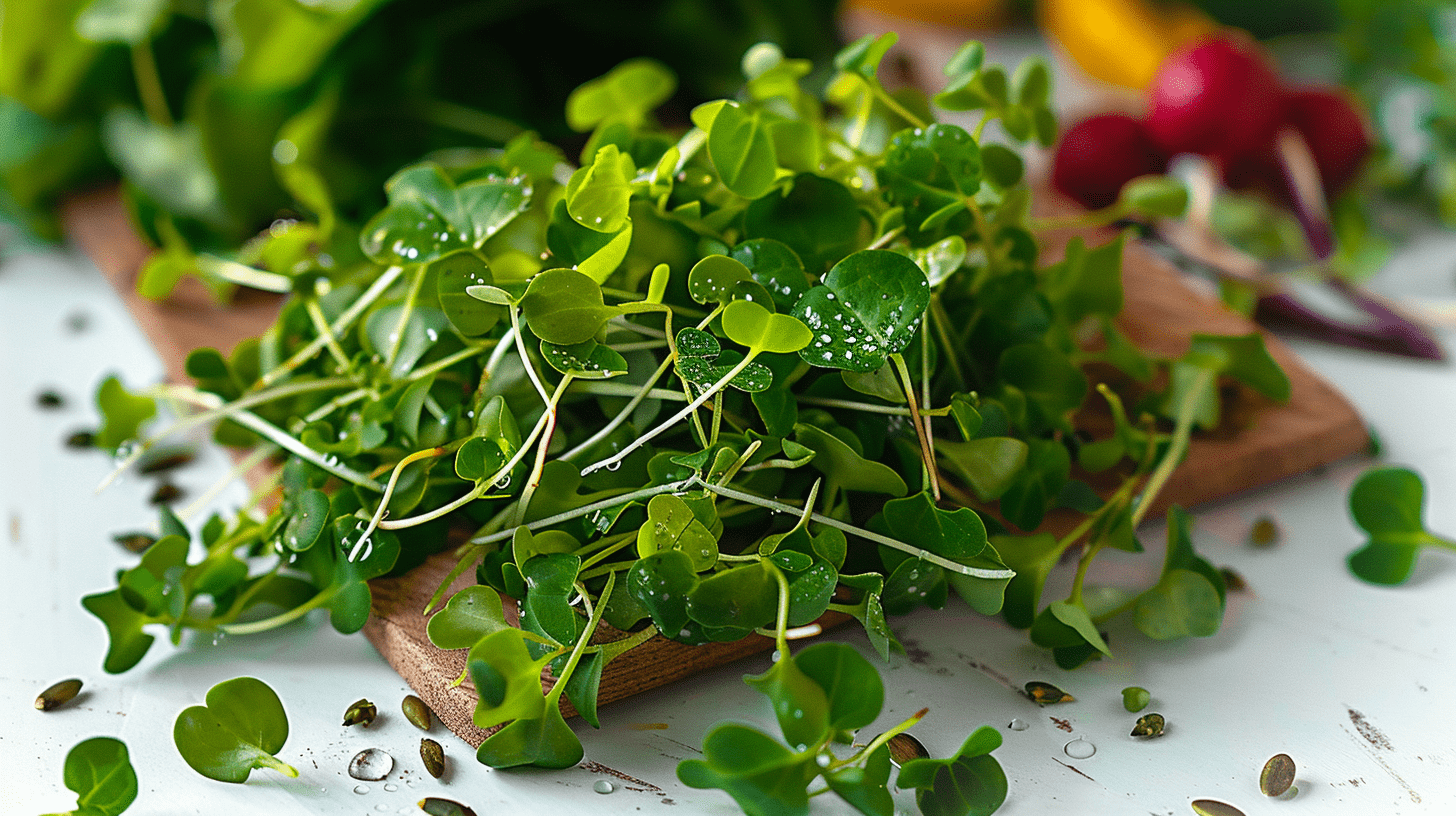 A vibrant, close-up image of fresh watercress microgreens on a wooden cutting board, with dewdrops glistening on their leaves, surrounded by colorful vegetables and seeds, illuminated by soft, natural sunlight.